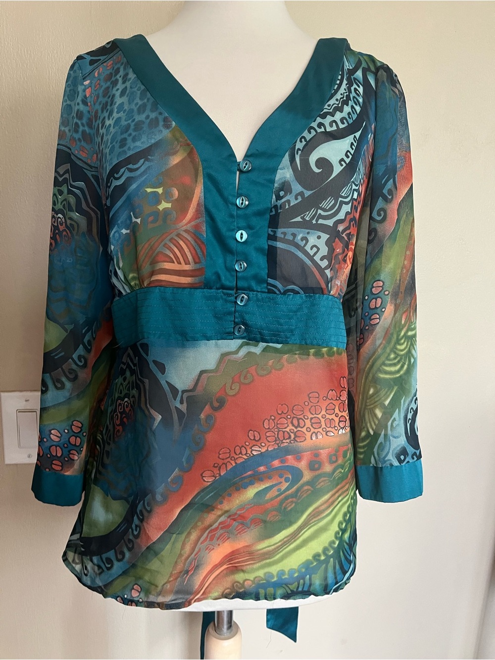 Cato Teal Multicolor Sheer V-Neck Tunic